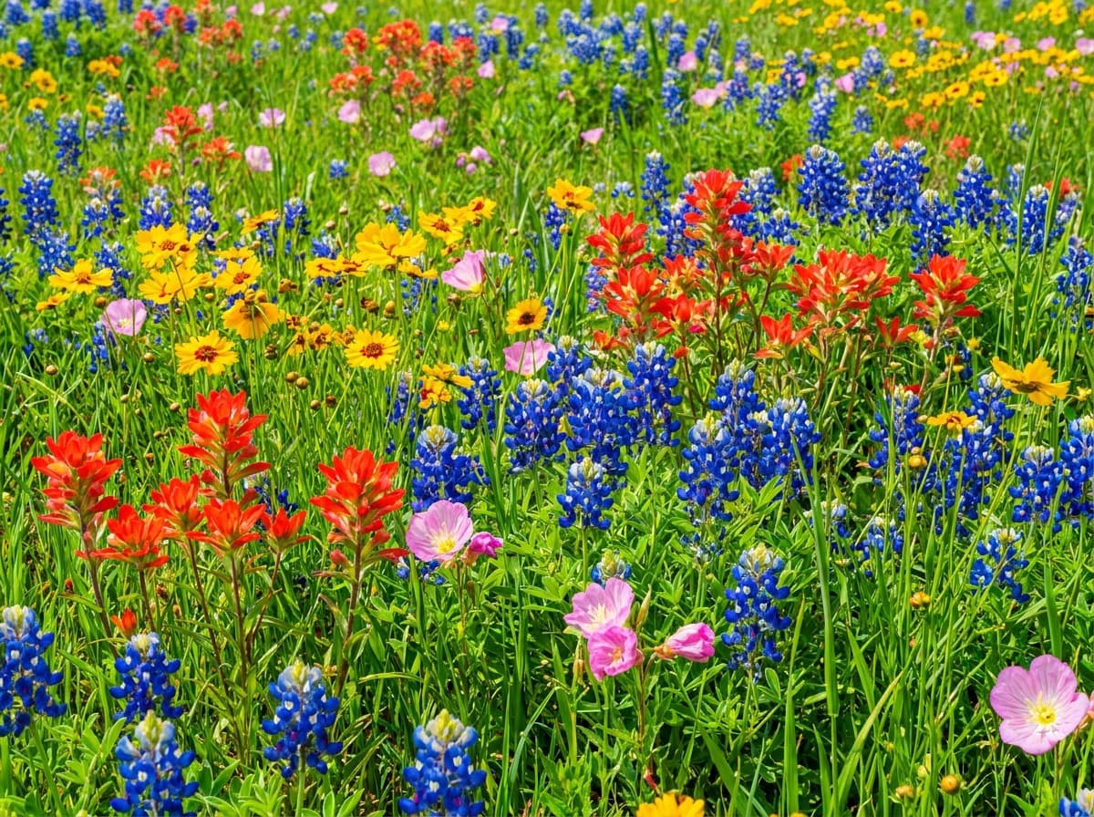 A Texas wildflower meadow in vivid, saturated spring color, simulated through a cataract