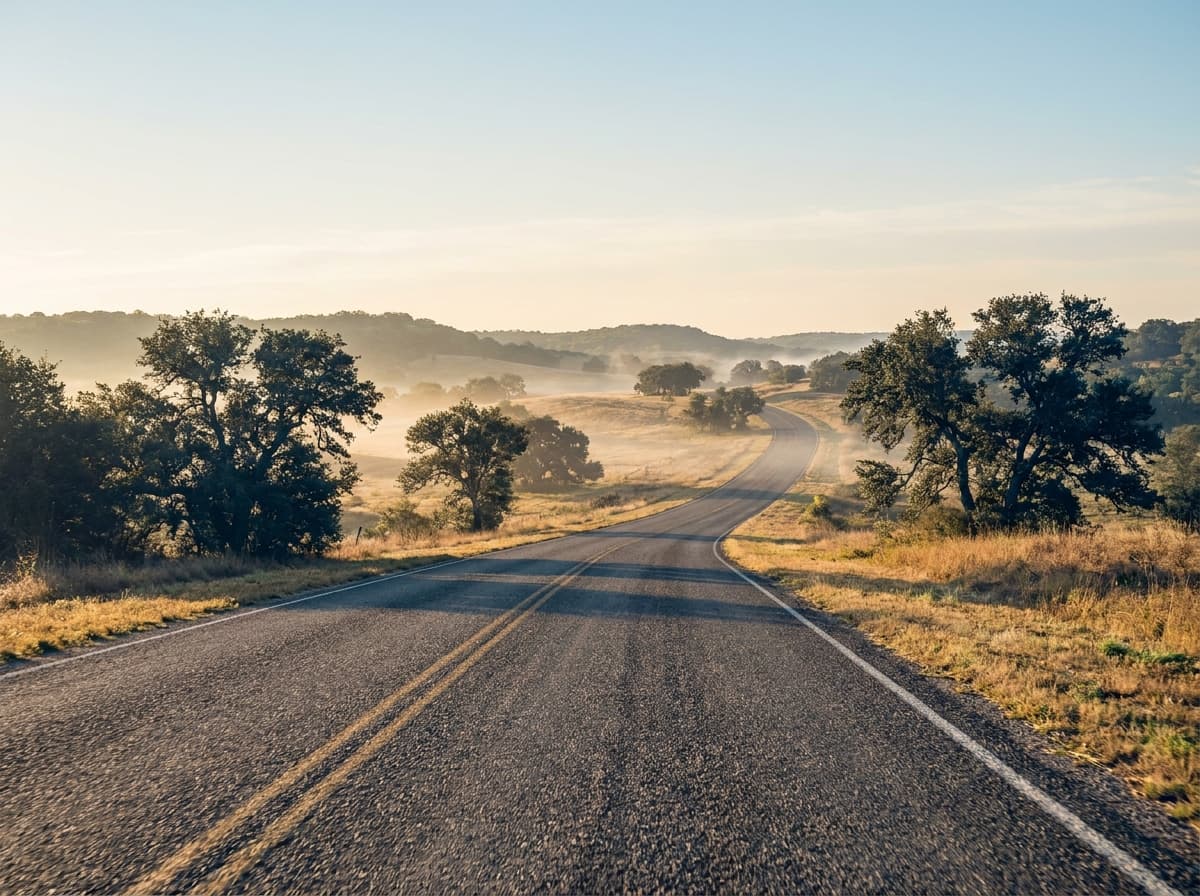 A quiet Texas hill-country road at sunrise, razor sharp all the way to the horizon, simulated without your contacts