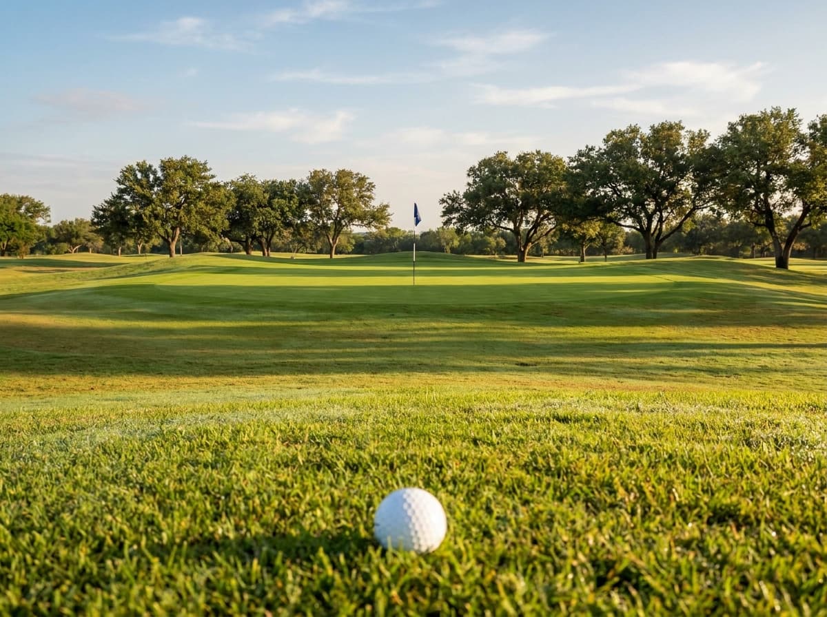 A golf ball in the near foreground and the flag far down the fairway, both in sharp focus, simulated readers off